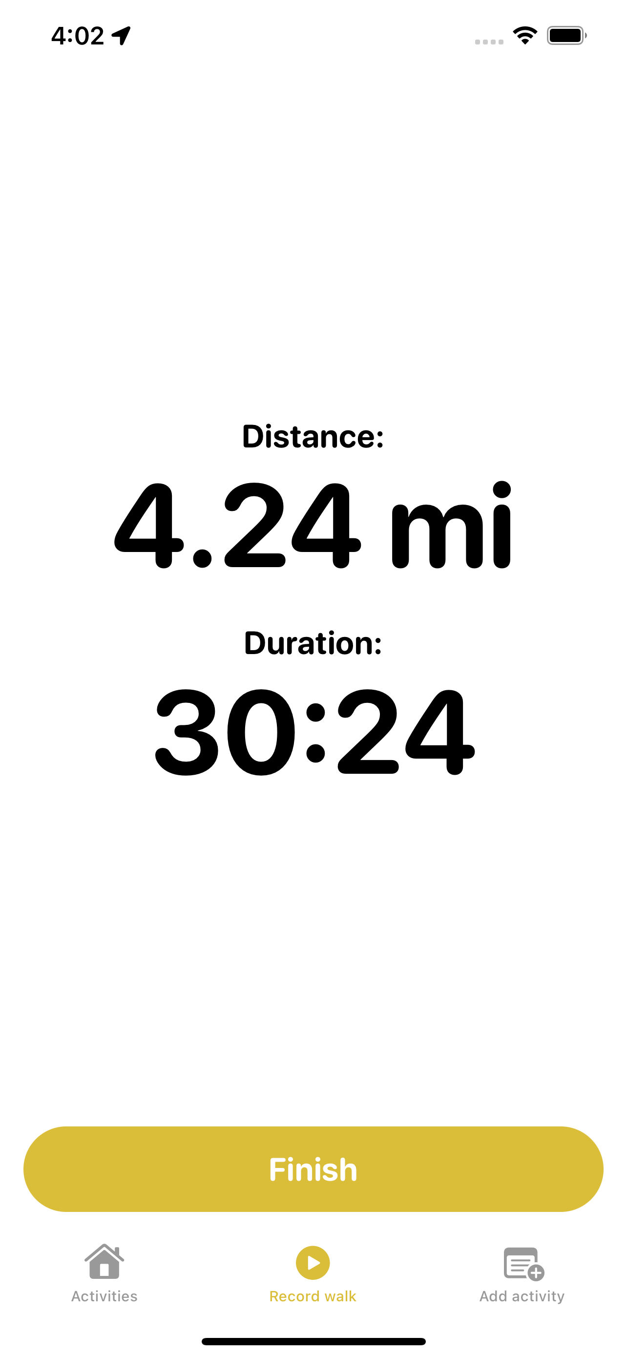 Walk tracker showing 4.24 miles and 30:24 duration